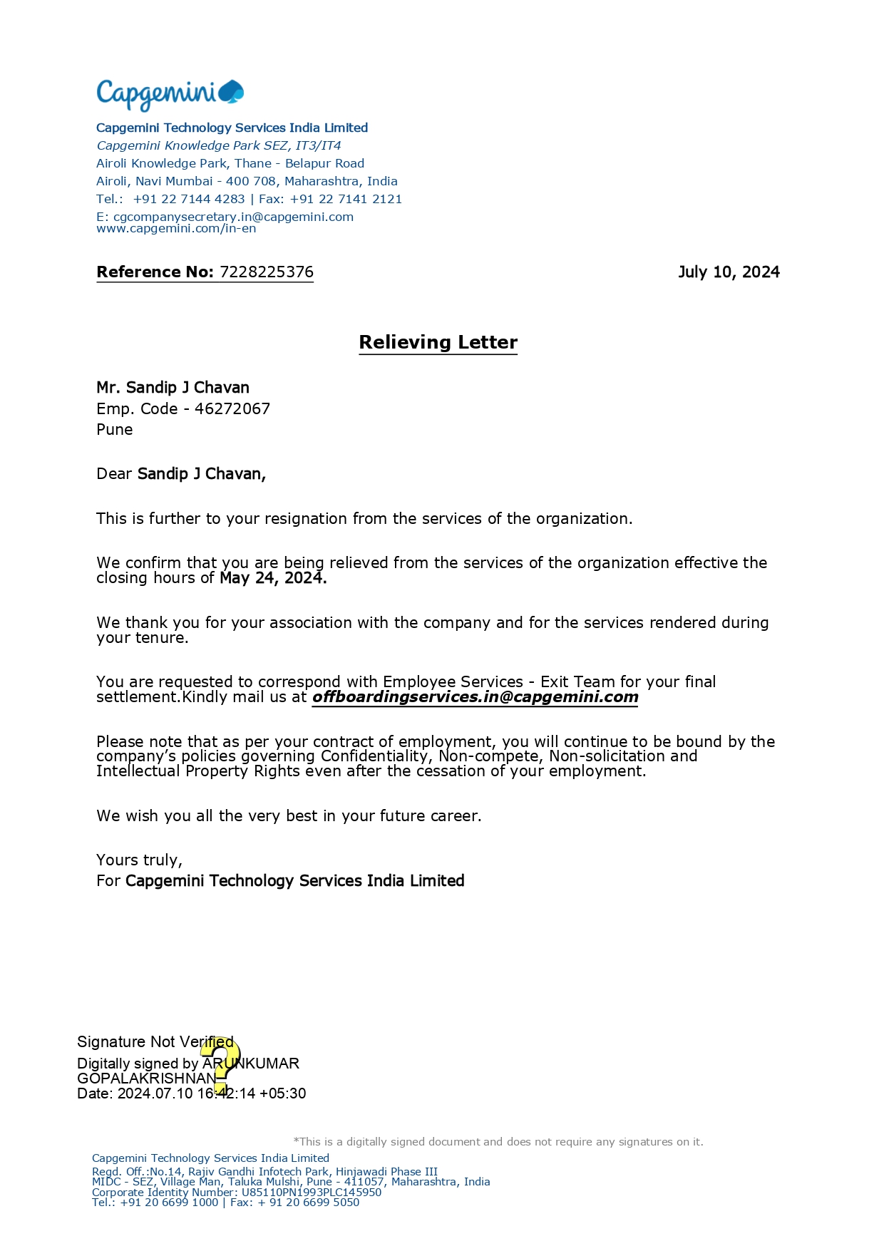 Capgemini Relieving